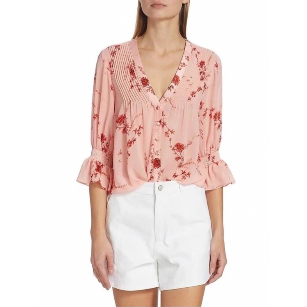 Cinq a Sept Jennings Floral Pintuck Button-Front Top In Pale
Rose Size M